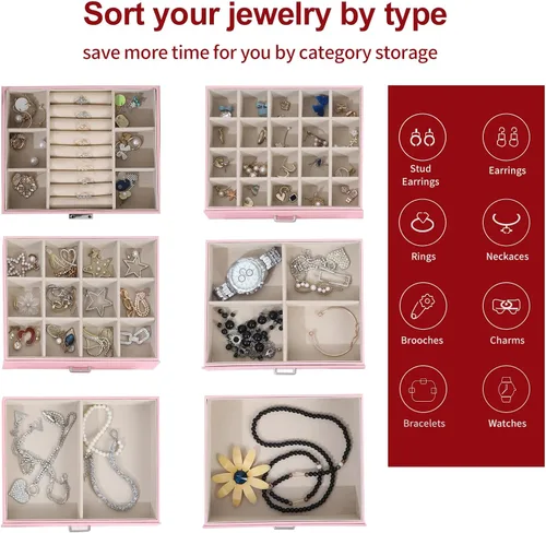 Vista 4 de ASINGYER Joyero para mujer, organizador grande de 6 capas con cerradura y 5 cajones para almacenamiento de joyas, joyero grande para regalo