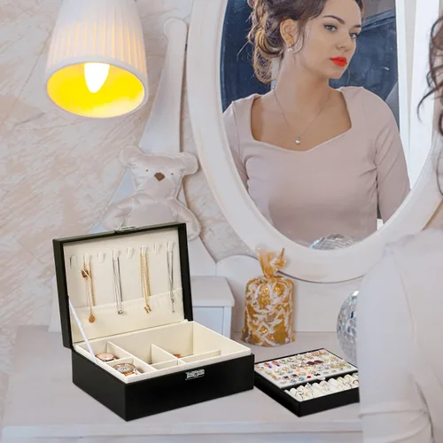 Vista 5 de SIMBOOM Joyero para mujeres y niñas, organizador de joyas de 2 capas con cerradura, estuche de almacenamiento de joyas con bandeja extraíble