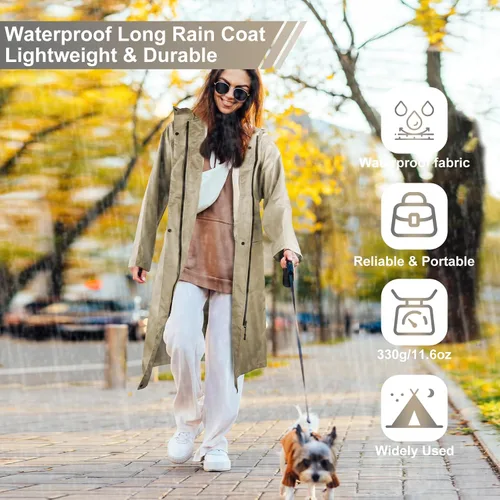 Vista 3 de LAMA Impermeable largo con capucha para mujer, impermeable de longitud completa con bolsillo y cremallera, ropa impermeable plegable, impermeable