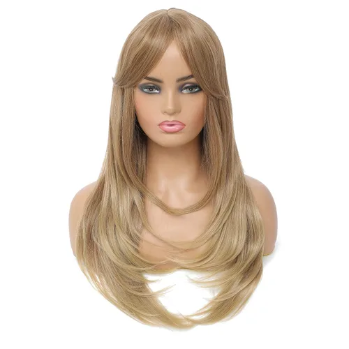 Vista 8 de SWACC Peluca de pelo sintético con flequillo largo en capas para mujeres con gorra de peluca (negro)