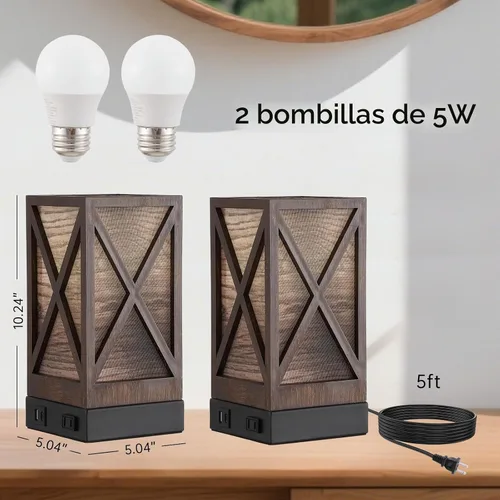 Vista 5 de Lámpara de mesa, juego de 2 lámparas de mesita de noche rústicas de granja, lámpara de escritorio con 3 temperaturas de color con puertos de carga