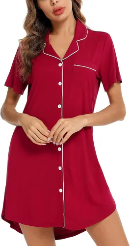 Vista 3 de Samring Camisón de pijama para mujer, manga cortalarga, con botones, camisón para dormir, camisón para novio, talla XXL