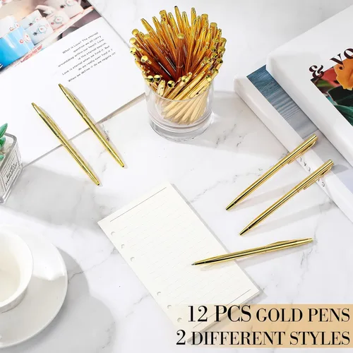 Vista 5 de Fuutreo Paquete de 12 Bolígrafos Dorados para Boda a Granel Bolígrafos de Metal Dorado Delgados Retráctiles con Tinta Negra Mini Cónicos