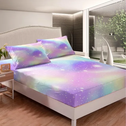 Vista 3 de Juego de sábana bajera ajustable de teñido anudado para niñas, juego de ropa de cama con diseño de arco iris degradado de arcoíris, lindo juego