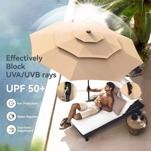 Vista 5 de PHI VILLA 10ft 3 Tier Outdoor Patio Umbrella with 24pcs LED Lights, Beige