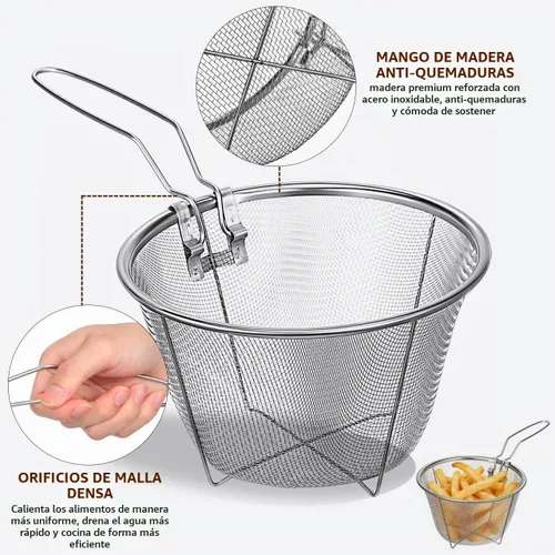 Vista 5 de DOITOOL - Cesta para freír profunda de 7 pulgadas: cesta redonda de alambre de acero inoxidable con asa - Freidora plegable para freír
