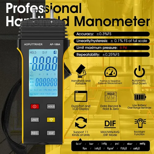 Vista 5 de Medidor de presión de aire con manómetro de doble puerto, 11 unidades seleccionables, pantalla LCD y temperatura interior con registro de datos