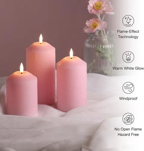 Vista 4 de Velas de pilar sin llama rosa con control remoto, velas LED parpadeantes de cera a pilas, juego de 3 Flickering LED Candles, 2 AA Battery