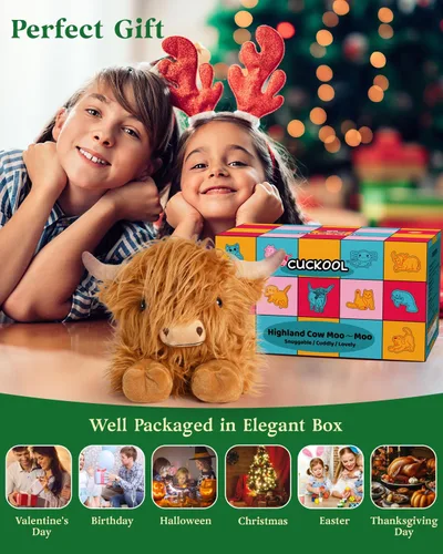 Vista 5 de Cuckool Highland Cow - Animales de peluche, adorable animal de peluche esponjoso de ganado de las tierras altas, lindo peluche suave de vaca