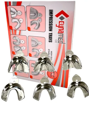 Vista 3 de Cynamed - Juego de 6 bandejas de impresión dental alemanas de acero inoxidable, 6 unidades, pequeñas, medianas, grandes, superiores e inferiores