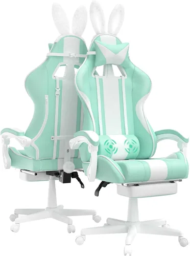Vista 10 de Ferghana - Silla de juego Kawaii en azul claro con orejas de conejo, silla Gamer ergonómica y linda con reposapiés y masaje, silla de juego