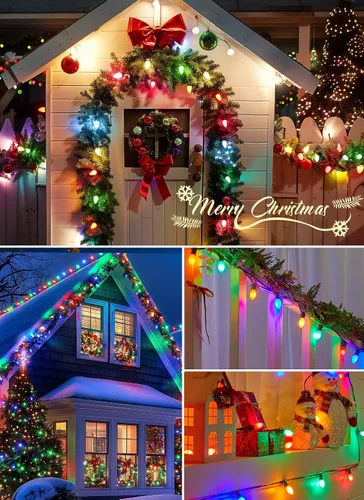 Vista 7 de Luces LED de Navidad vintage C9 para exteriores, cadena de 50 pies con 25 bombillas inastillables, impermeables, conectables, luces de árbol