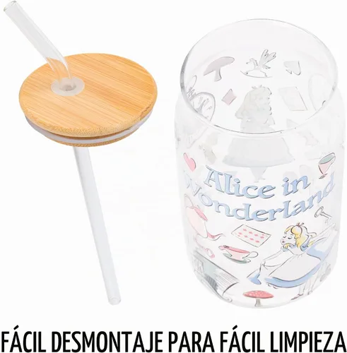 Vista 6 de Silver Buffalo Disney Alice in Wonderland Tarro de vidrio con tapa de bambú y pajita de vidrio, 16 onzas