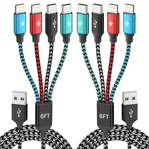 Vista 15 de Cable de Carga Múltiple, Cables de Carga 4 en 1 para Múltiples Dispositivos de Nylon Trenzado Cargador Universal Cable Cargador de Teléfono con 2