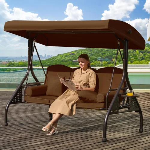 Vista 18 de Columpio de porche para exteriores 3 en 1 con toldo ajustable, columpio de 3 asientos para adultos, columpio de patio con cojines gruesos, almohadas