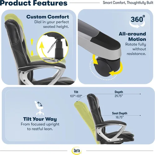Vista 7 de Silla Serta, Negro Contoured Lumbar Lower Back Support, Back Pain Relief Chair, Adjustable Height and Recline, Work From Home Desk Chair, Black