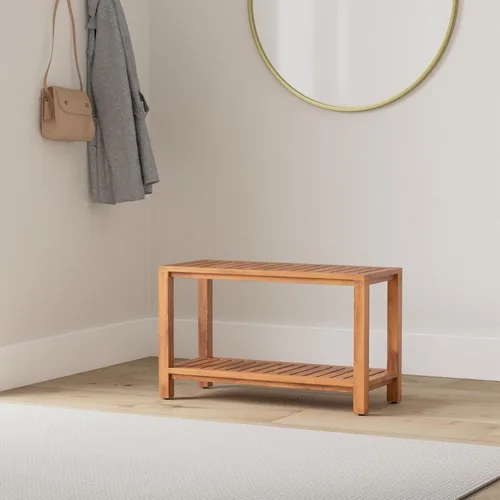 Vista 2 de Banco de ducha de teca de 30 pulgadas – Banco de madera totalmente montado con estante, resistente al agua, pies ajustables antideslizantes – Spa