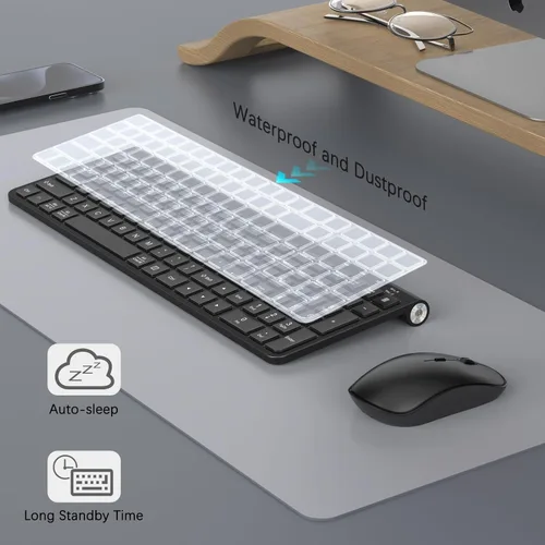 Vista 3 de JOYACCESS Combo de teclado y mouse inalámbrico, teclado inalámbrico ergonómico con soporte ajustable, conector tipo C y película impermeable