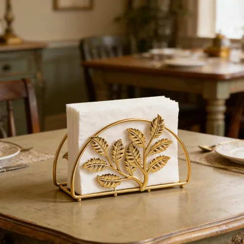 Vista 4 de Servilletero de metal dorado con diseño de hojas, soporte dispensador de pañuelos compacto para cocina, mesa de comedor, restaurante y uso en fiestas