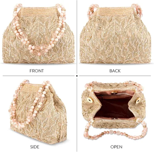 Vista 4 de Aheli Potli - Bolsas de noche para mujer, bolso étnico de novia con cordón (P65C), Oro Rosa