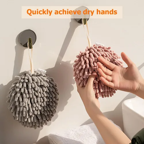 Vista 3 de Toalla de mano con bola mullida, absorbente para colgar en la cocina y el baño, toalla de mano de felpa de felpilla, de secado rápido, toallas