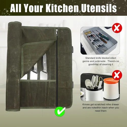 Vista 4 de Bolsa enrollable para cuchillos de chef, estuche de viaje para cuchillos de lona encerada, soporte de almacenamiento profesional resistente con 10