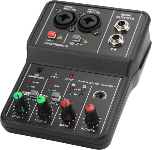 Vista 8 de Mini mezclador de audio, 2 canales USB portátil con tarjeta de sonido en vivo, sistema de consola con alimentación fantasma de 48 V, mezclador DJ