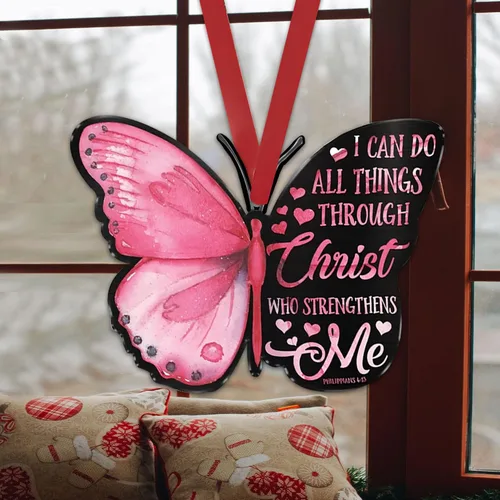 Vista 4 de Talataca Mariposa rosa con texto en inglés "I Can Do All Things Through Christ Strengthens Me" 2D Flat Car Rear View Mirror Accessories Christmas