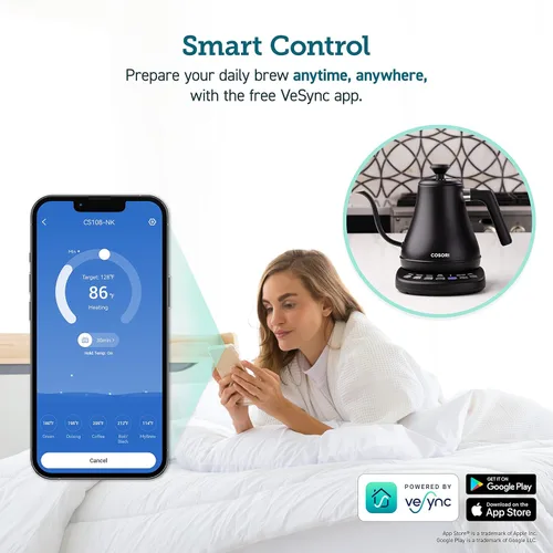 Vista 3 de COSORI Hervidor eléctrico de cuello de cisne inteligente Bluetooth con control de temperatura variable, negro y cafetera para verter sobre con acero