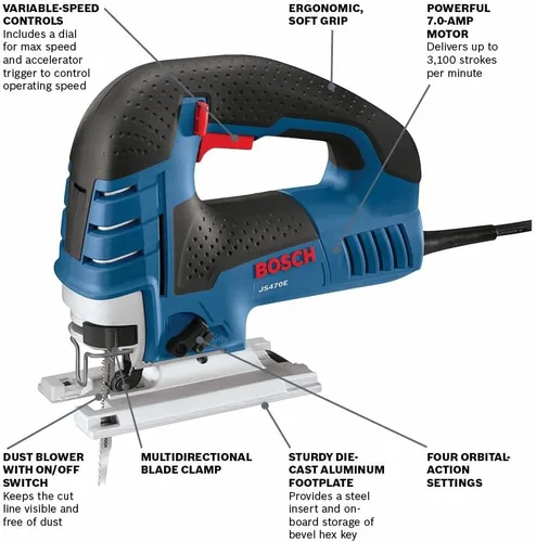 Vista 2 de Bosch - Sierra caladora JS470E, con cable, mango superior, 120 V, baja vibración, velocidad variable, 7 amperios, para un corte suave de hasta 5-7/8