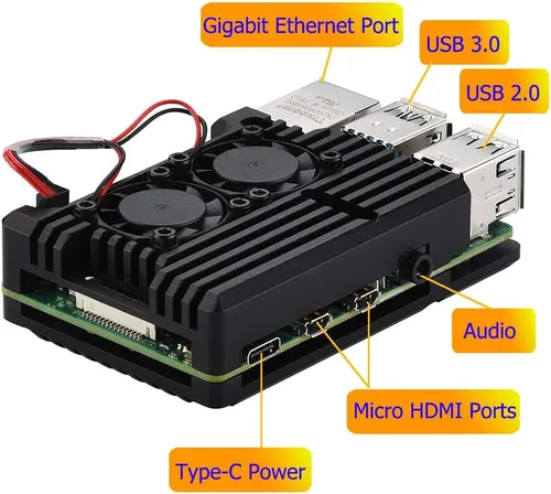 Vista 4 de Armor - Carcasa para Raspberry Pi 4, carcasa metálica con doble ventilador de aleación de aluminio, disipador térmico Pi 4
