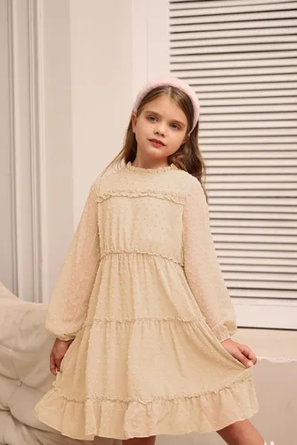 Vista 5 de GRACE KARIN Vestido escalonado con volantes para niñas, vestido acampanado de manga larga con lunares suizos, 6-12 años
