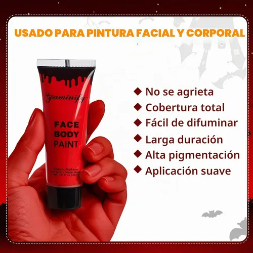 Vista 2 de Kit de maquillaje de Halloween de pintura facial roja, diadema de cuernos de diablo para mujer, pintura de cuerpo rojo a base de agua de 1.01 onzas