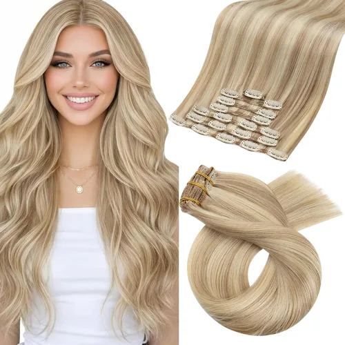 Vista 45 de Moresoo Extensiones de cabello humano con clip, balayage, color marrón oscuro a marrón dorado con clip, extensiones de cabello humano con clip, 5
