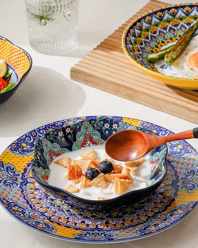 Vista 7 de HENXFEN LEAD Juego de 6 cuencos de cerámica coloridos de 20 onzas para sopa y cereales, cuencos bohemios para ensalada, pasta, aperitivos