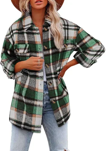 Vista 2 de Vifucz Chaquetas con botones para mujer, camisetas de manga larga con estampado a cuadros, abrigos de vacaciones de moda