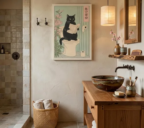 Vista 6 de COYIKC Arte de pared en lienzo de gato negro japonés en el inodoro, impresión divertida de baño, póster de inodoro, cuadros de decoración de pared