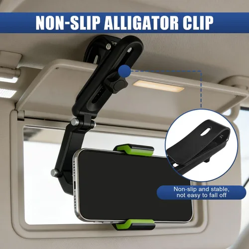 Vista 4 de Craedli Soporte giratorio de 360° para teléfono para visera solar de automóvil, plegable y retráctil, soporte universal para teléfono celular