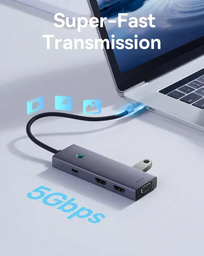 Vista 7 de Baseus - Estación de acoplamiento para computadora portátil 7 en 1, 3 monitores, USB C HUB con HDMI 4K, VGA, 100 W PD, 3 USB para iPhone