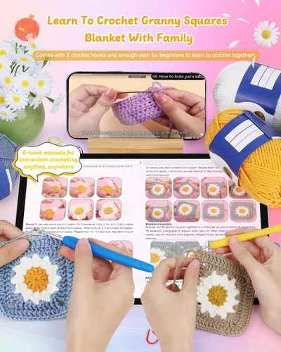 Vista 2 de Kit de Ganchillo Coopay para Principiantes para Manta, Kit de Ganchillo de Cuadrados de Abuela con Instrucciones y Suficiente Hilo, Juego Completo