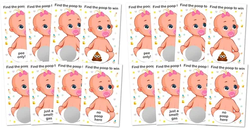 Vista 8 de RokAPary Baby Shower Girl Scratch Off Poop Game - Juego fácil de jugar, idea divertida, actividad rompehielos. Tarjetas de rifa, chupete rosa, juego
