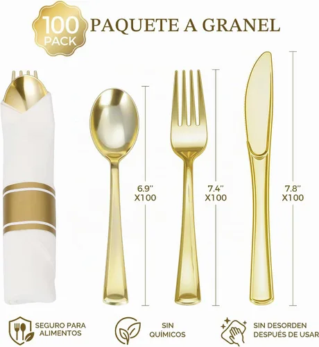 Vista 3 de Goodluck 100 Pack Pre Rolled Gold Plastic Silverware, Wrapped Cutlery
