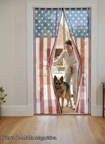 Vista 3 de Puerta mosquitera magnética con bandera de Estados Unidos, cortina de malla resistente de 40 x 85.5 pulgadas para patio y porche, cierre magnético