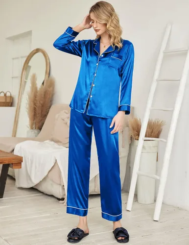 Vista 3 de Ekouaer Conjunto de pijama de satén largo clásico de verano para mujer