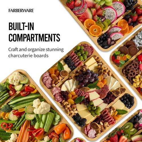 Vista 7 de FARBERWARE Tabla de cortar Build-a-Board con tres compartimentos y tapa de bloqueo transparente para charcutería, bocadillos y más, de acacia