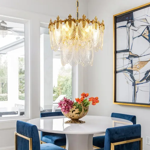 Vista 8 de Antique Chandeliers 2-Layer Gold Crystal Glass Chandelier, 4-Light Round Pendant Light 17.7" Brushed Brass Adjustable Height, Applicable to Dining