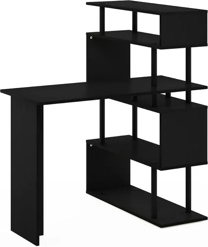 Vista 6 de Furinno Escritorio clásico, escritorio para juegos en forma de L de 40 pulgadas de ancho, escritorio para computadora, escritorio con estantes