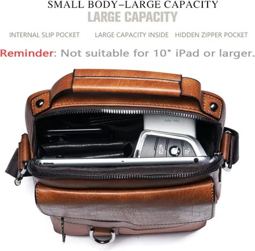 Vista 5 de Bolso cruzado de cuero para hombre, pequeño, bolso de hombro para iPad de 9.7 pulgadas, viajes, ciclismo, senderismo, oficina, negocios, D-Marrón