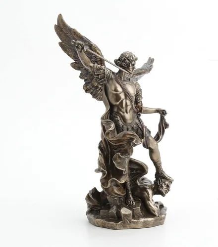 Vista 4 de Figura de bronce fundido en frío de 10.25 pulgadas de San Miguel en demonio con espada