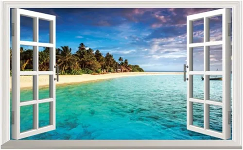 Vista 2 de Adhesivo de pared extraíble para ventana 3D, diseño de playa, decoración mural para el hogar, dormitorio, dormitorio
